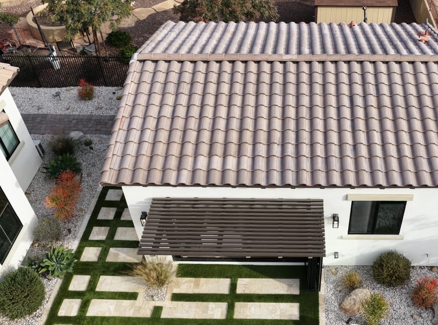 Drone view of the Buckeye studio casita concrete tile roof and compact backyard footprint