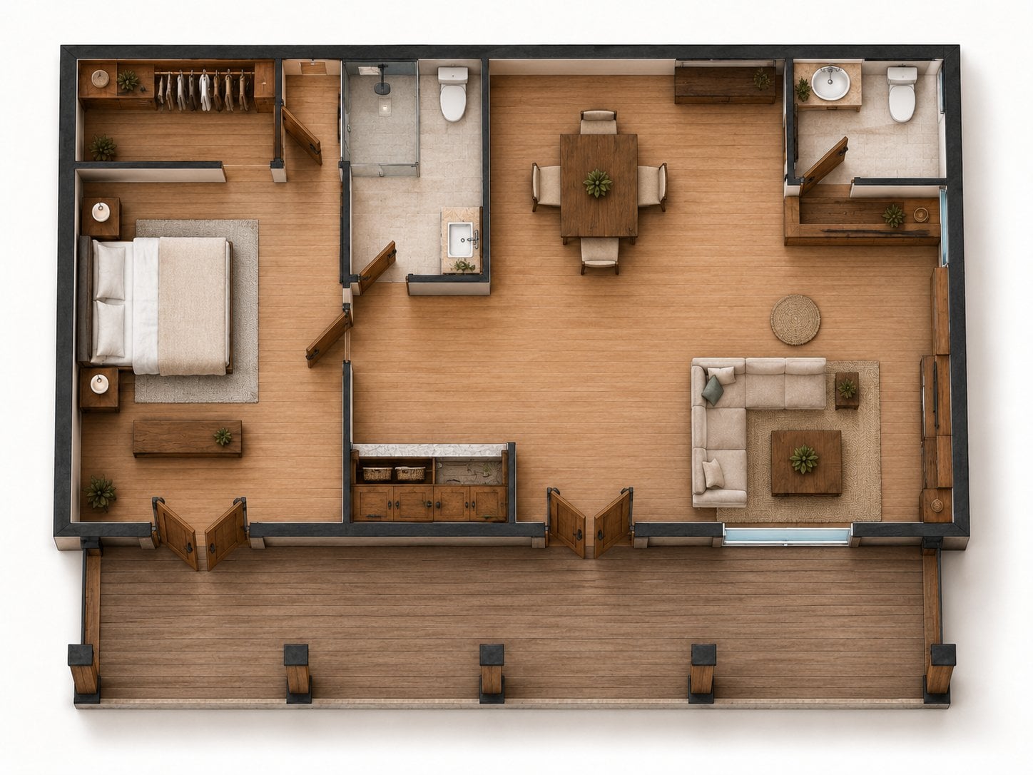 Cave Creek casita ADU floor plan showing a 748 square foot layout with bedroom, living area, kitchenette, bathroom, and covered patio