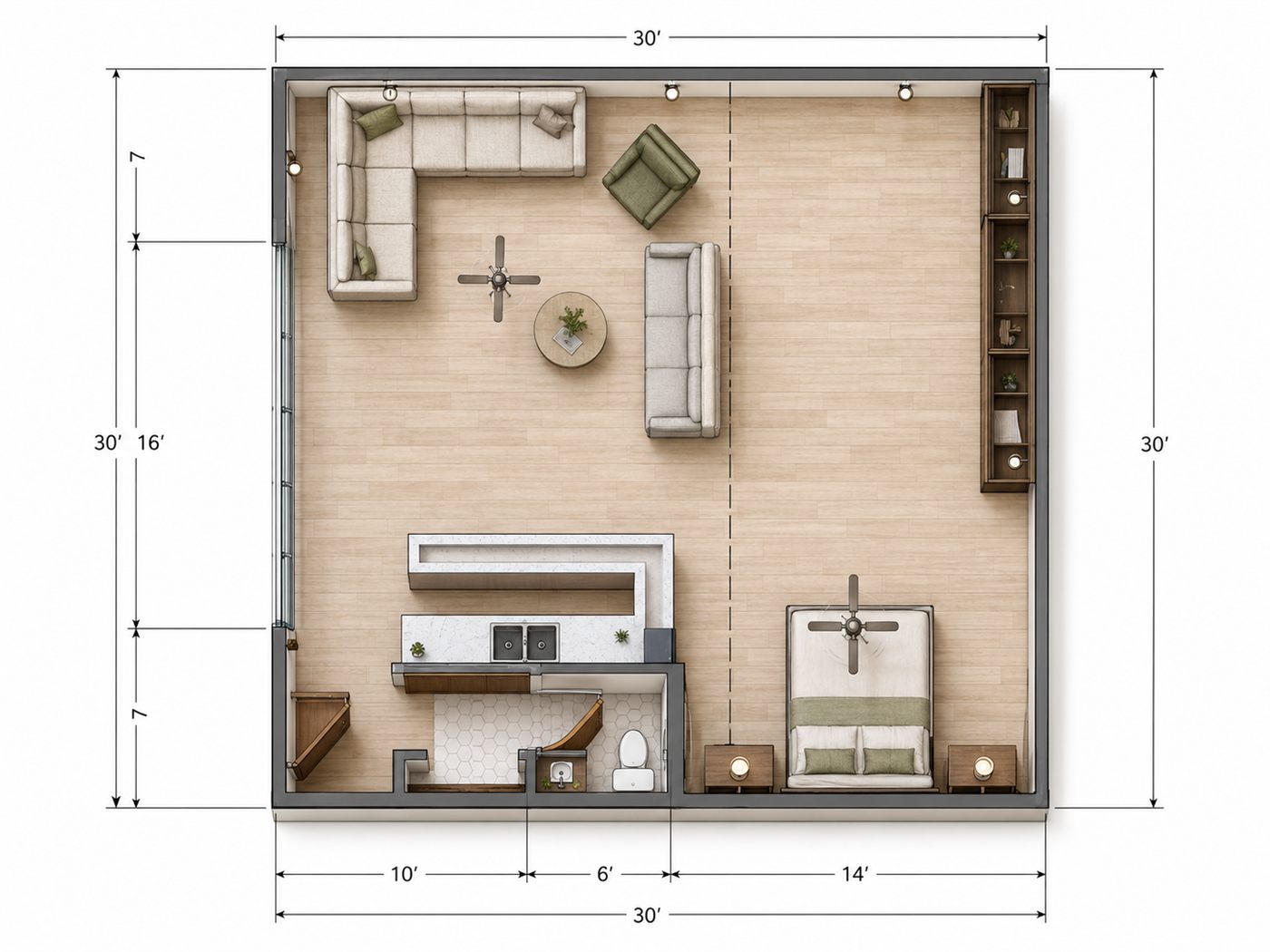 Queen Creek pool house floor plan showing a 900 square foot 30 foot by 30 foot layout with lounge area, bar, bathroom, and flexible entertainment space