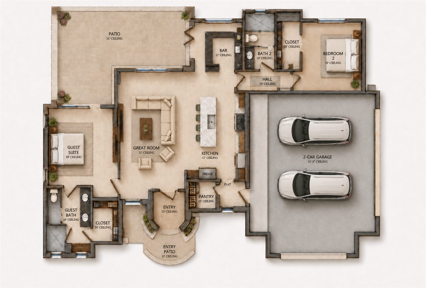Scottsdale casita and ADU floor plan with 1,669 square feet of living area, two-car garage, covered porch, entry, great room, kitchen, bedroom, guest suite, closets, bathrooms, and pantry