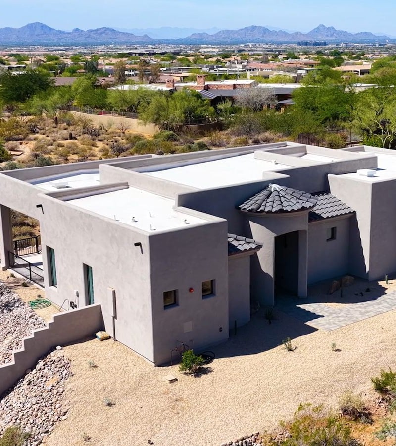 Scottsdale casita front exterior with covered patio area and desert mountain views