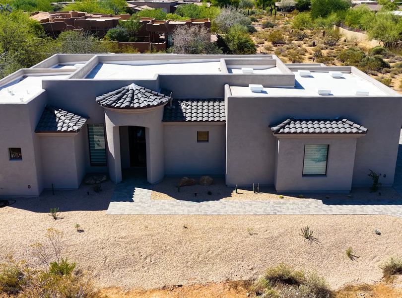 Aerial front view of custom Scottsdale casita roof and entry
