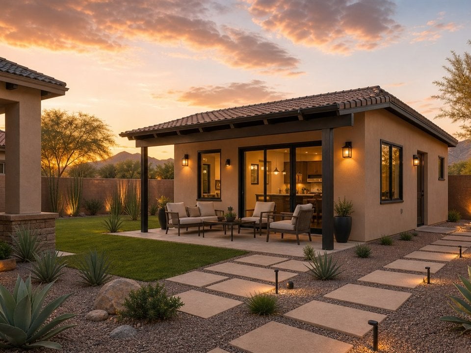 Backyard accessory dwelling unit with private patio and Arizona desert landscaping