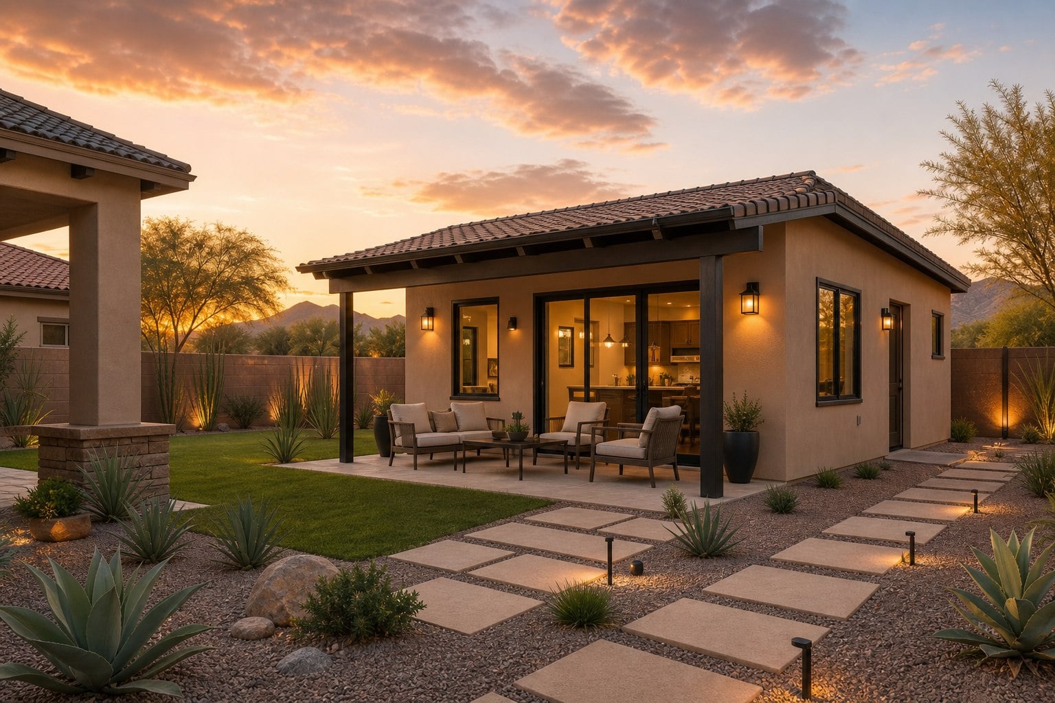 Finished backyard accessory dwelling unit with patio, desert landscaping, and private entry in Arizona