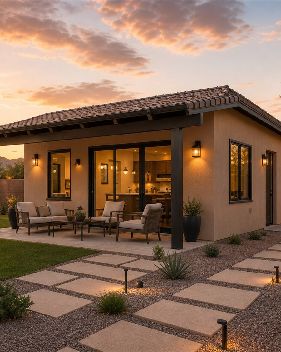 Finished backyard accessory dwelling unit with patio and Arizona desert landscaping