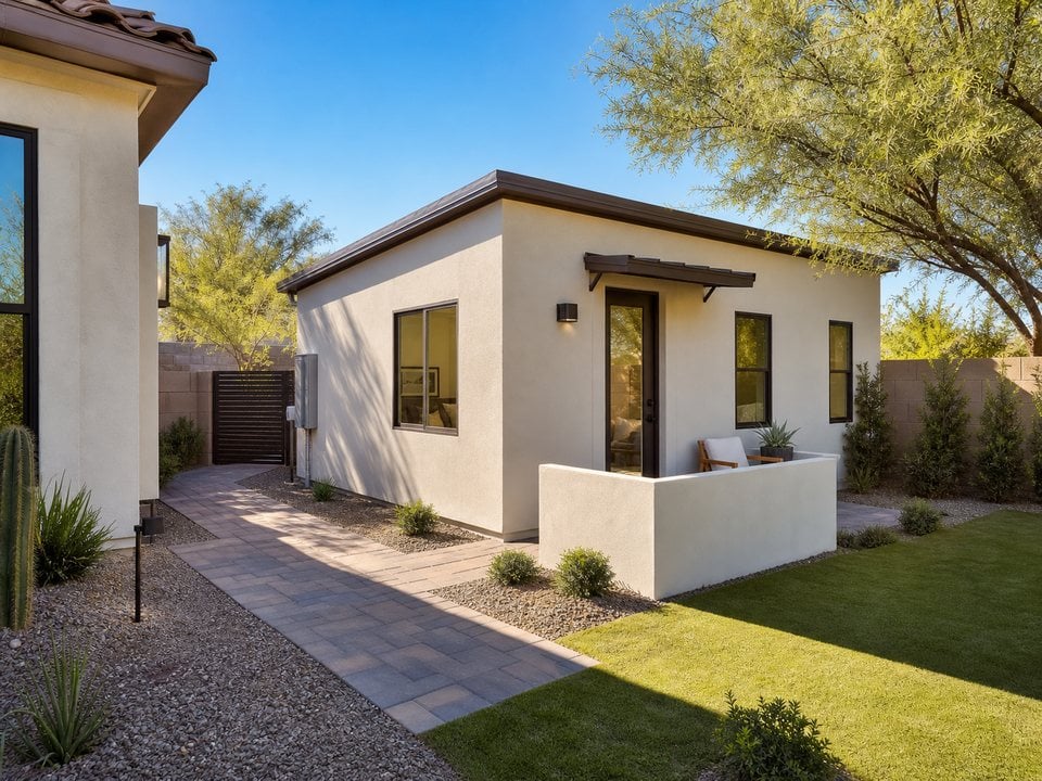 Detached Arizona accessory dwelling unit with side-yard paver walkway, private patio, and desert landscaping