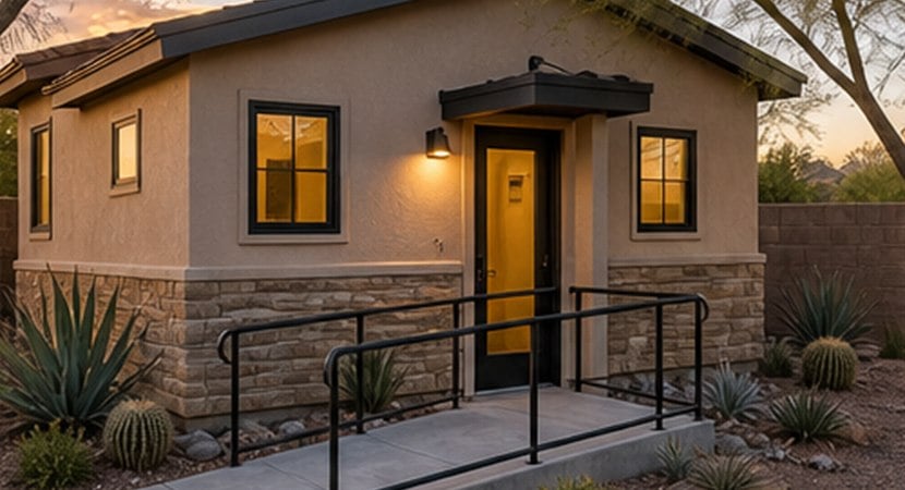 Accessible assisted living casita with no-step entry and desert landscaping