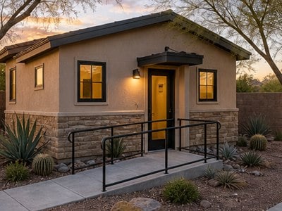 Accessible assisted living casita with no-step entry and desert landscaping