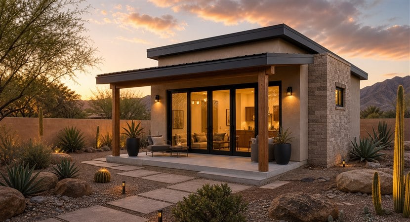 Finished custom Arizona casita design build with desert landscaping and warm exterior lighting