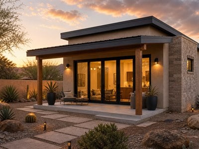Custom casita design build with warm Arizona desert exterior lighting