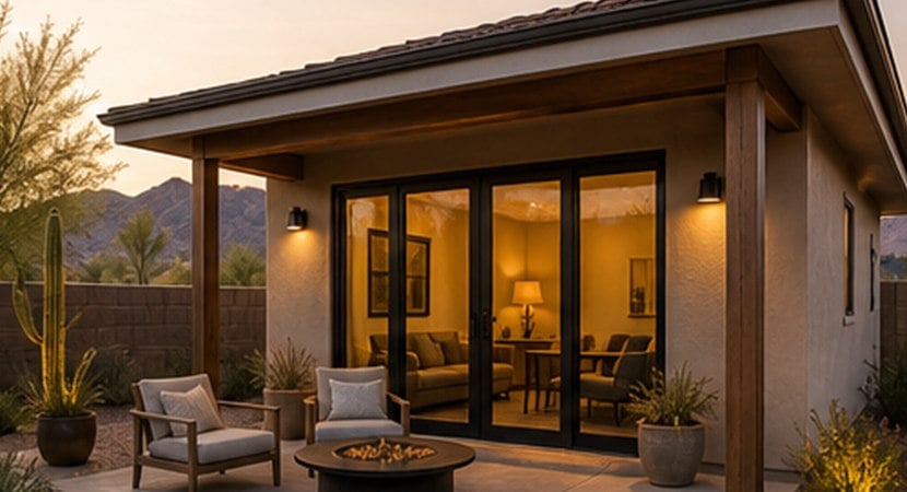 Finished Arizona backyard guest house with patio seating and glass doors