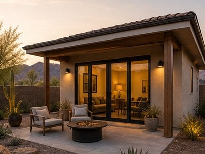 Finished Arizona backyard guest house with patio seating and glass doors