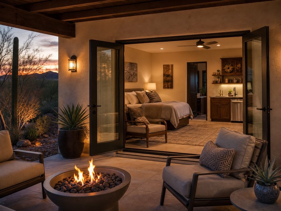 Arizona guest house retreat with open glass doors, warm interior lighting, patio seating, and desert views
