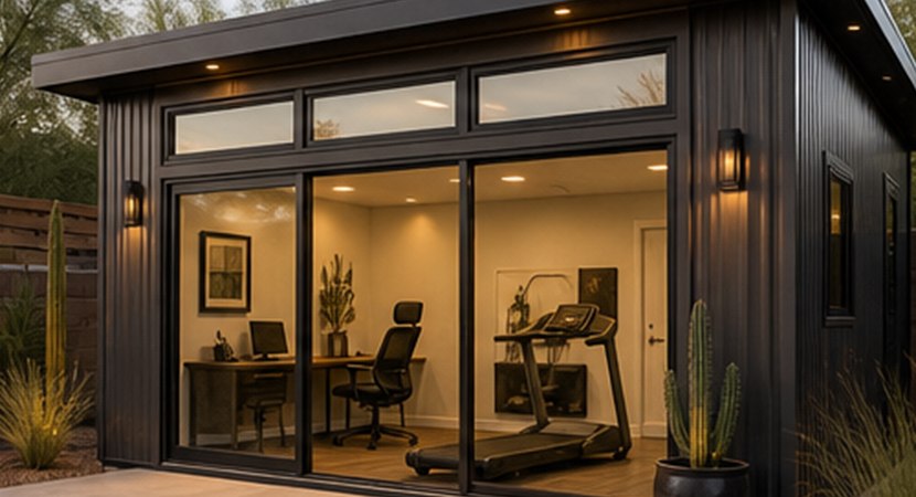 Backyard casita home office and gym with glass doors and warm interior lighting