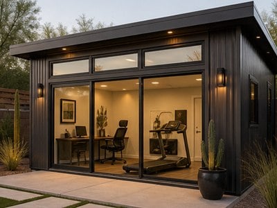 Backyard casita home office and gym with glass doors and warm interior lighting