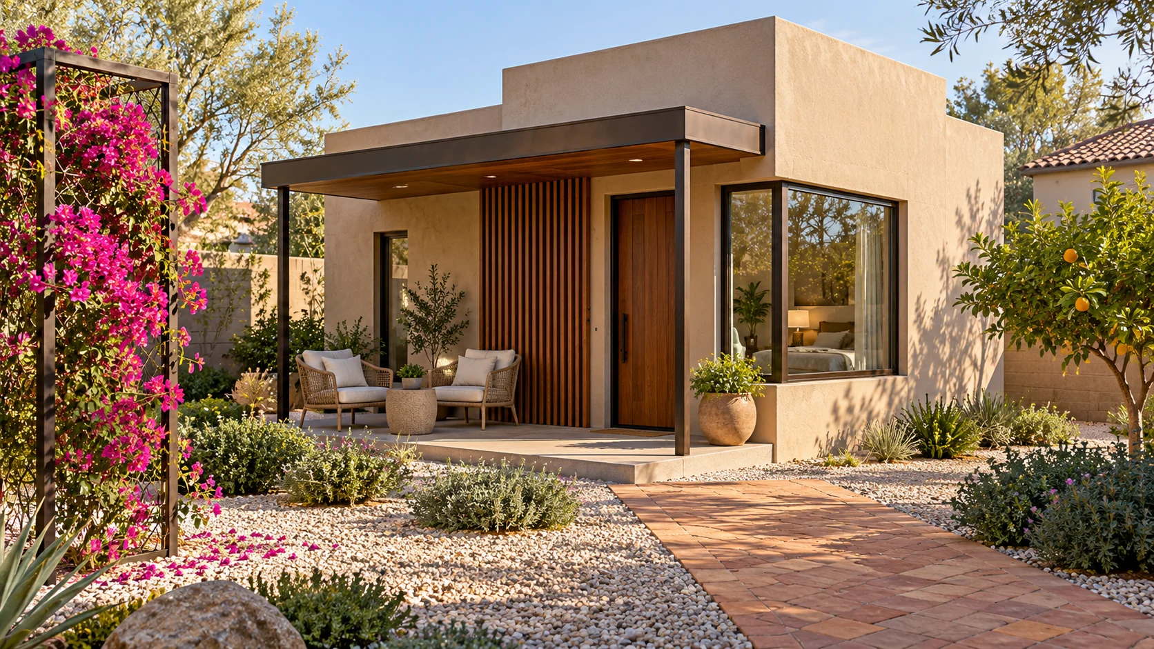 ACB Garden Suite concept with sand-colored stucco, a walnut entry screen and a shaded garden courtyard