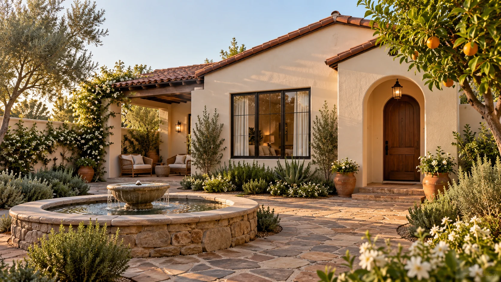 ACB Hearthside guest-house concept with a clay-tile roof, arched entry and a circular stone courtyard