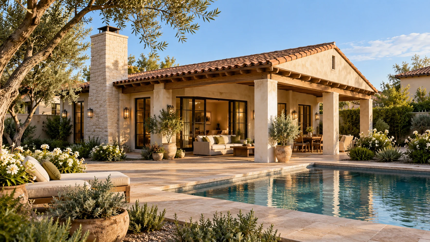ACB Veranda concept with a clay-tile gable roof, timber-shaded terrace and a small pool in a landscaped backyard