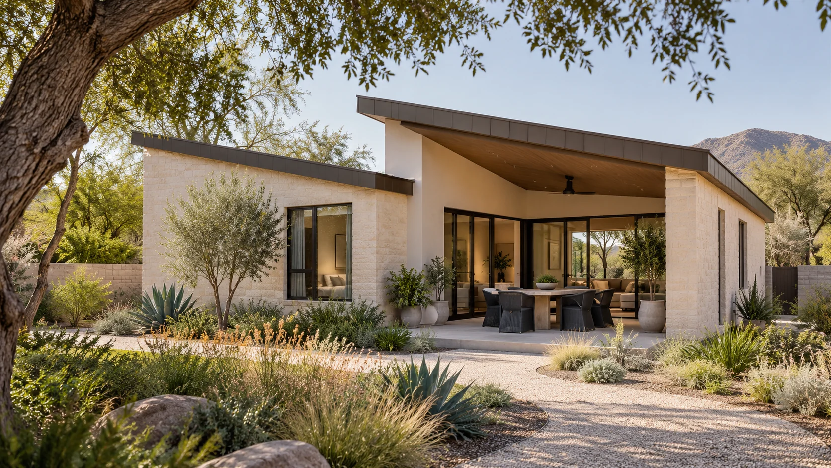 ACB Vista Pavilion concept with offset bronze shed roofs, pale stone and a shaded outdoor dining terrace