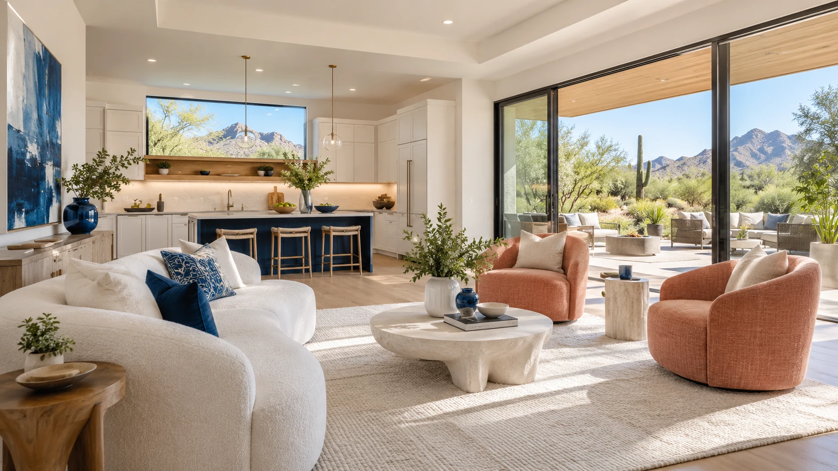 Sunlit contemporary casita living area with coral lounge chairs, an ivory sofa, indigo accents and a wide view of the Sonoran garden.