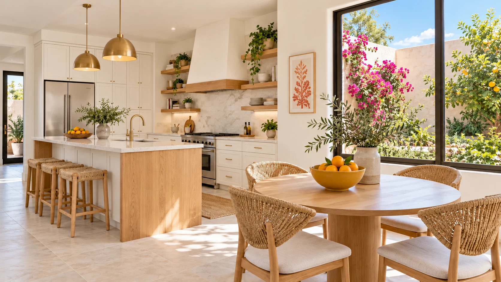 Airy ACB kitchen and dining concept with warm white Shaker cabinets, pale veined stone-look surfaces, oak details, brass pendants and a flowering citrus courtyard.