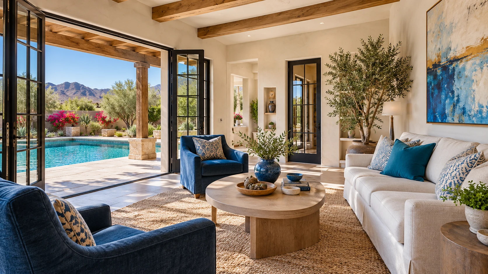 Bright casita living room with ivory linen seating, ocean-blue chairs, natural timber and open French doors to a turquoise pool.