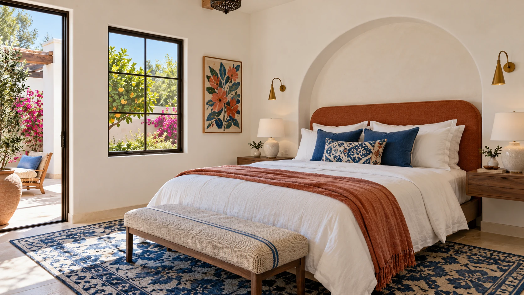 Light-filled Spanish-inspired bedroom with a terracotta headboard, cobalt textiles, white plaster and a colorful citrus courtyard.