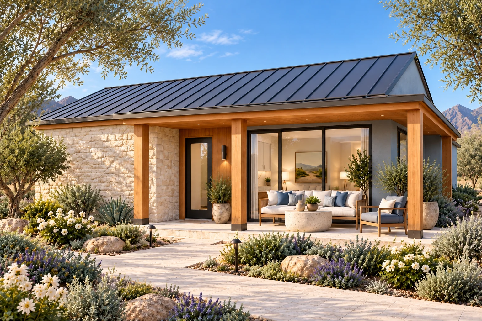 The Alcove arrival exterior concept with slate, limestone & cedar architectural finishes and a furnished, planted outdoor terrace
