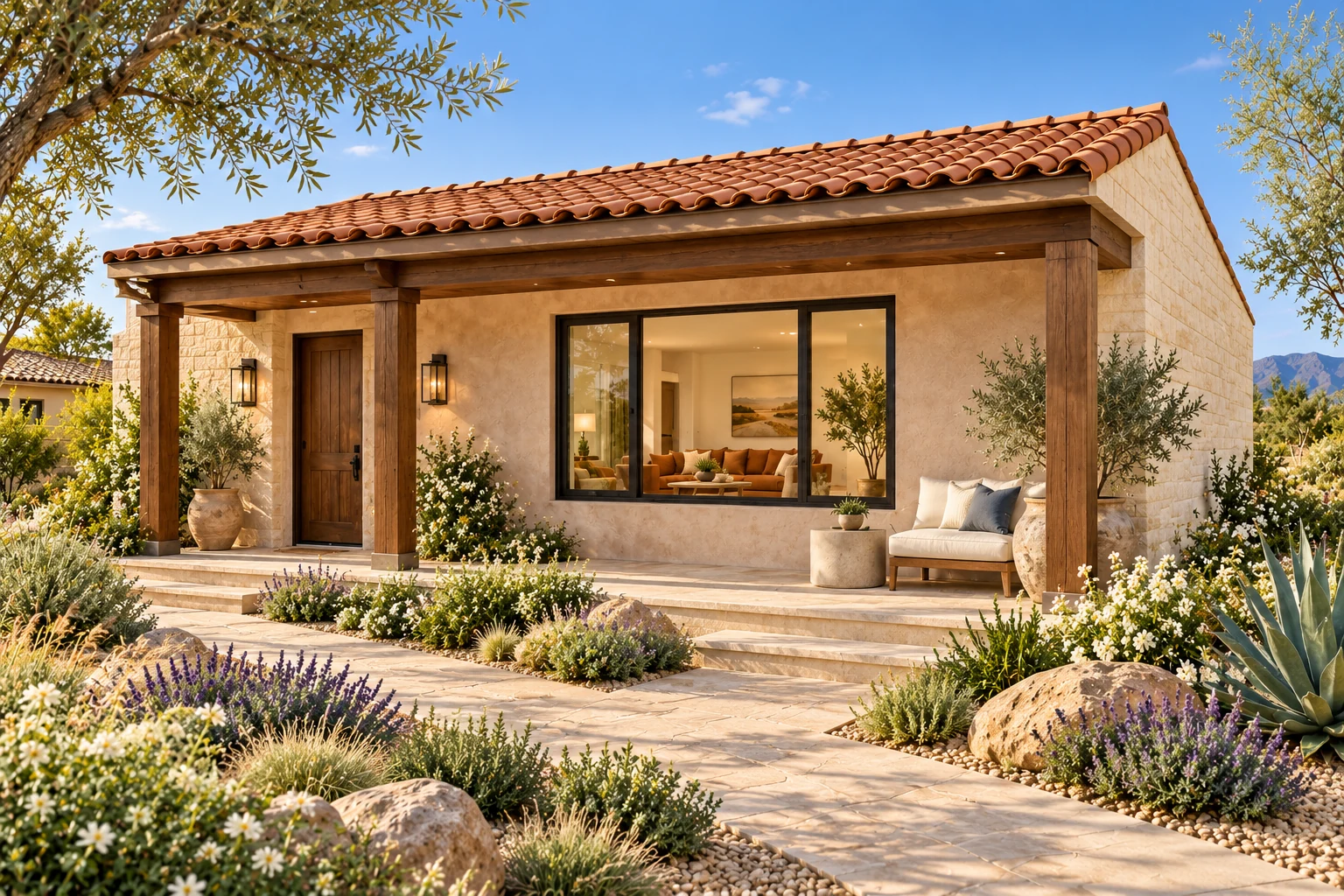 The Aperture in rose plaster and ivory stone with a deep walnut porch, pale paving and a flowering Arizona garden.