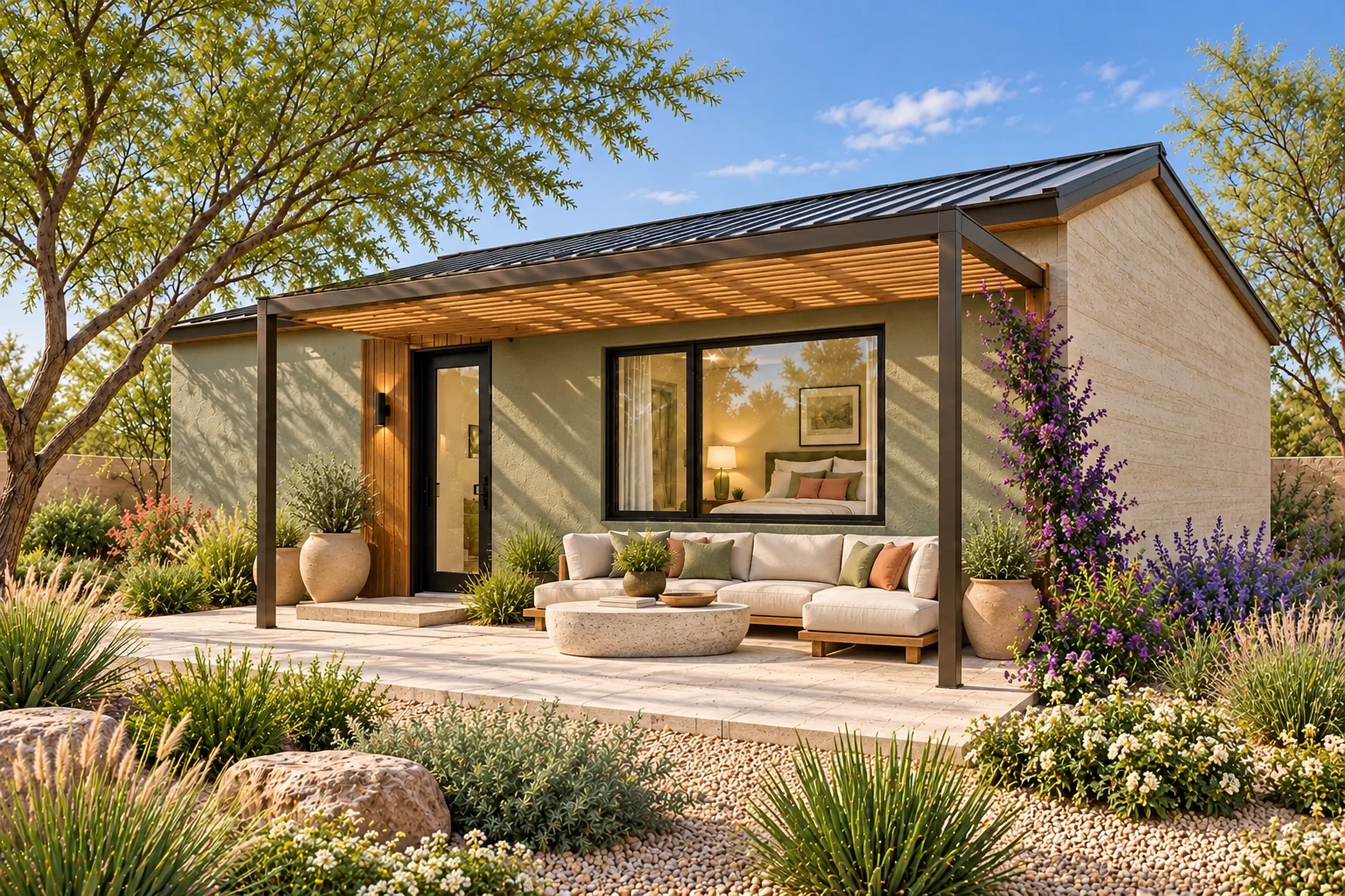 The Arbour in jade plaster and pale travertine with a refined bronze-and-oak pergola and an inviting garden lounge.