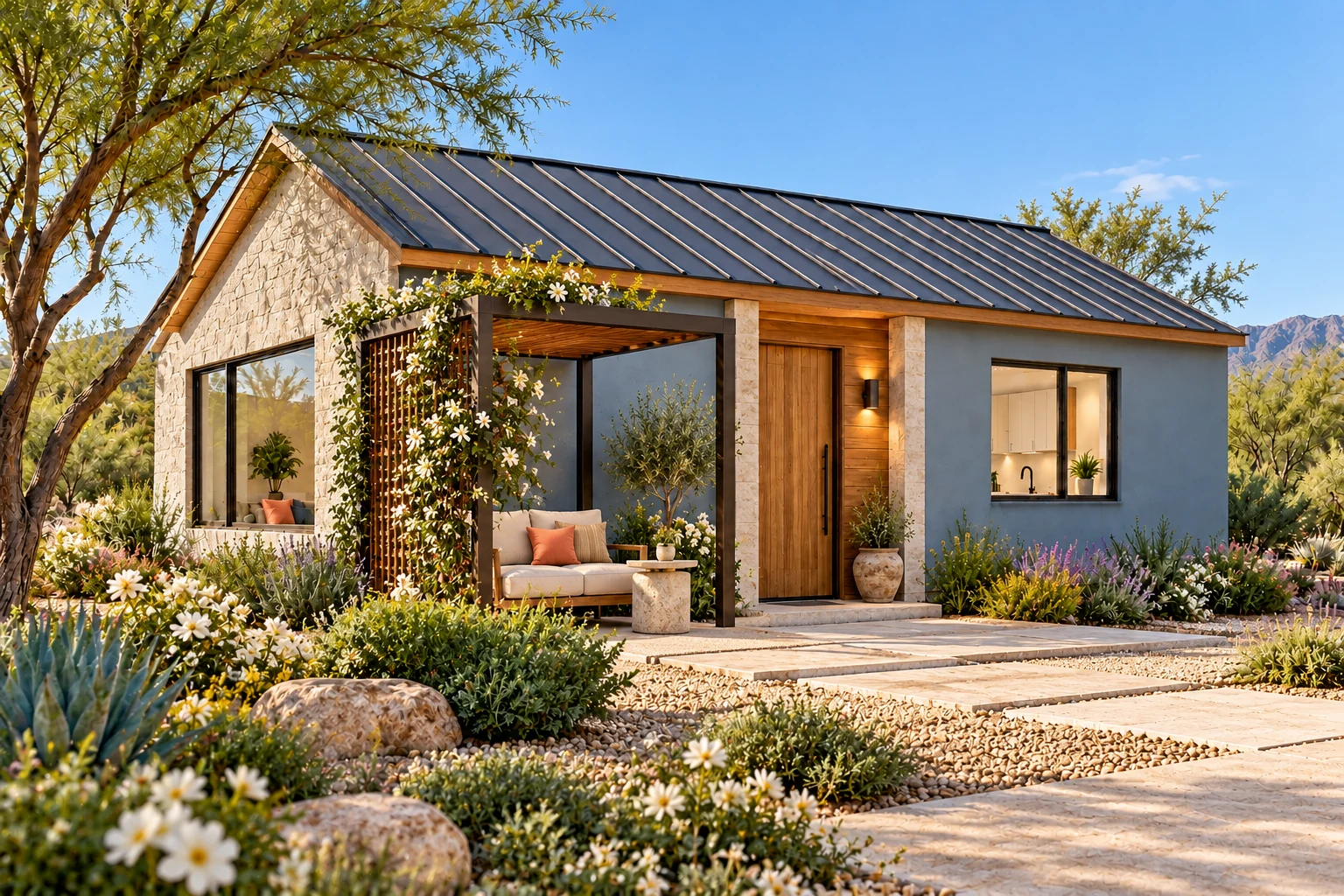 The Belvedere casita concept with harbor-blue plaster, a limestone gable and a flowering cedar pergola beside the entrance