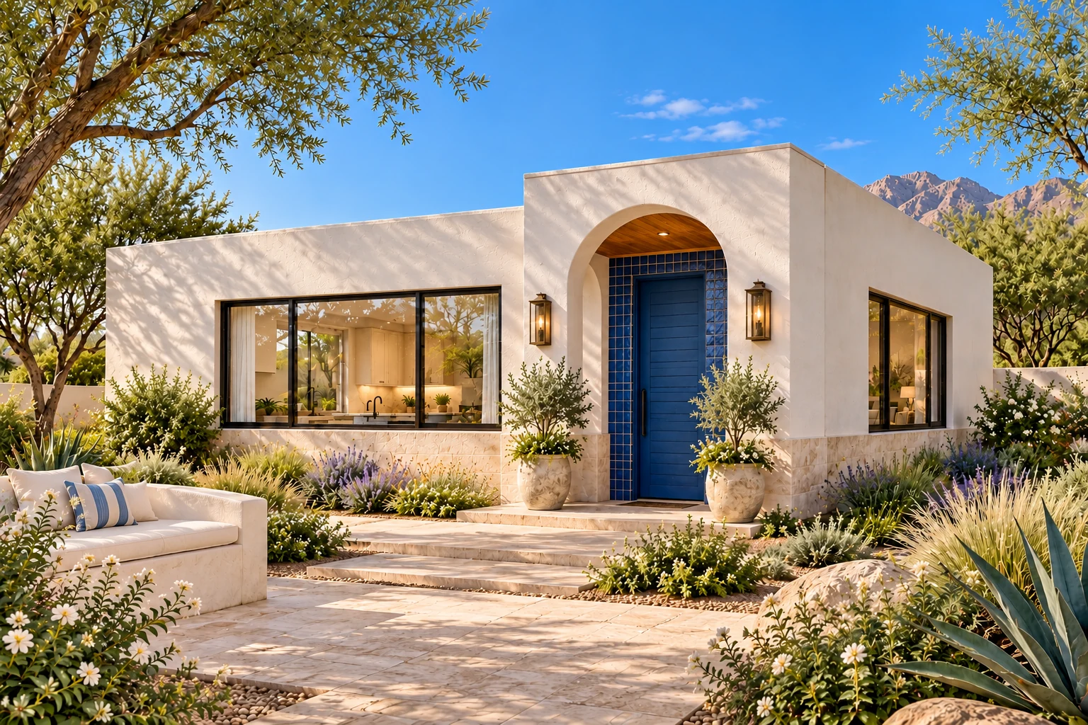 The Breezeway casita concept with a white plaster arch, cobalt tile and a curved stone-paved courtyard