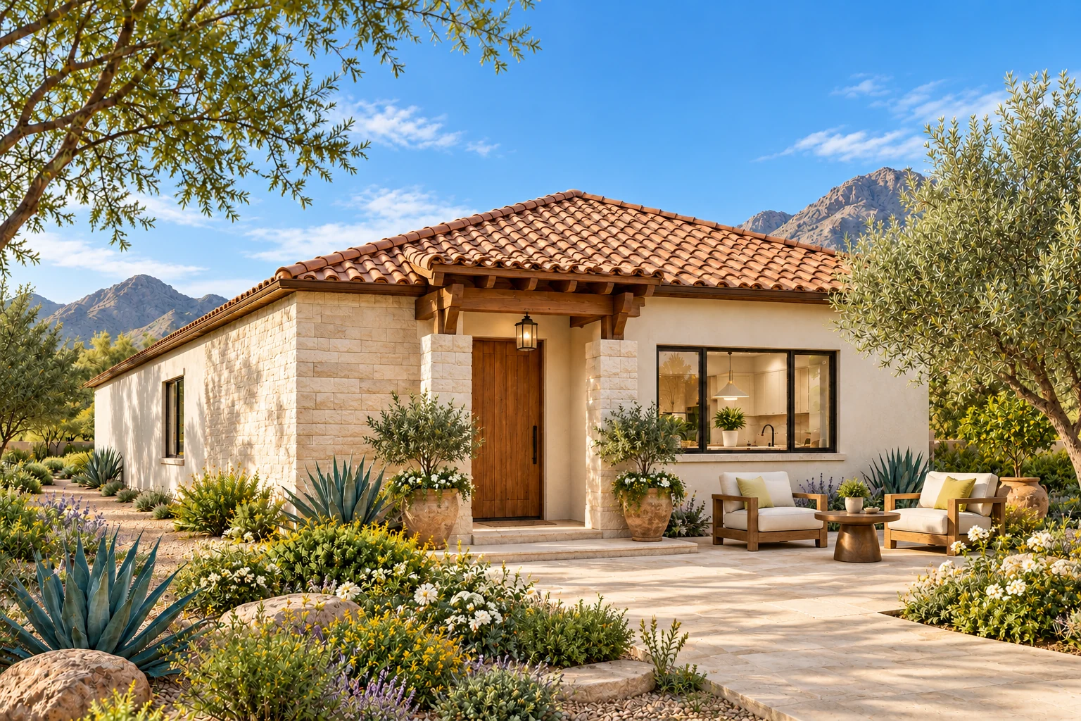 The Broadview exterior concept with a clay-tile hip roof, warm limestone entry, chestnut portico and ivory garden chairs