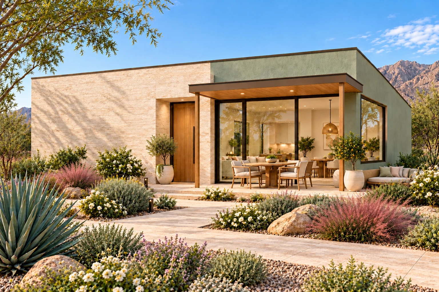 The Canopy arrival exterior concept with jade, travertine & oak architectural finishes and a furnished, planted outdoor terrace
