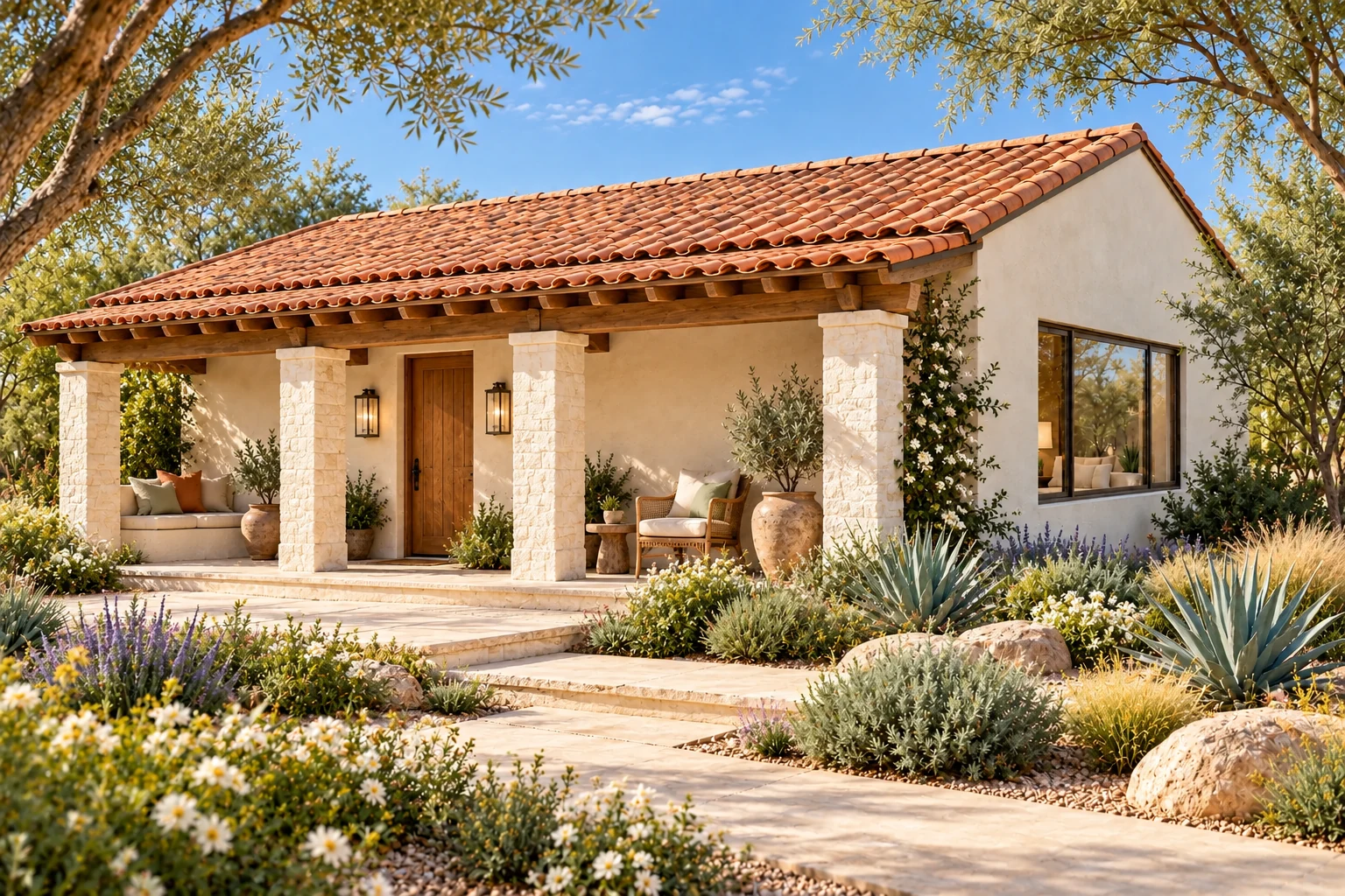 The Colonnade exterior concept with ivory plaster, clay roof tiles and a deep timber porch on limestone piers