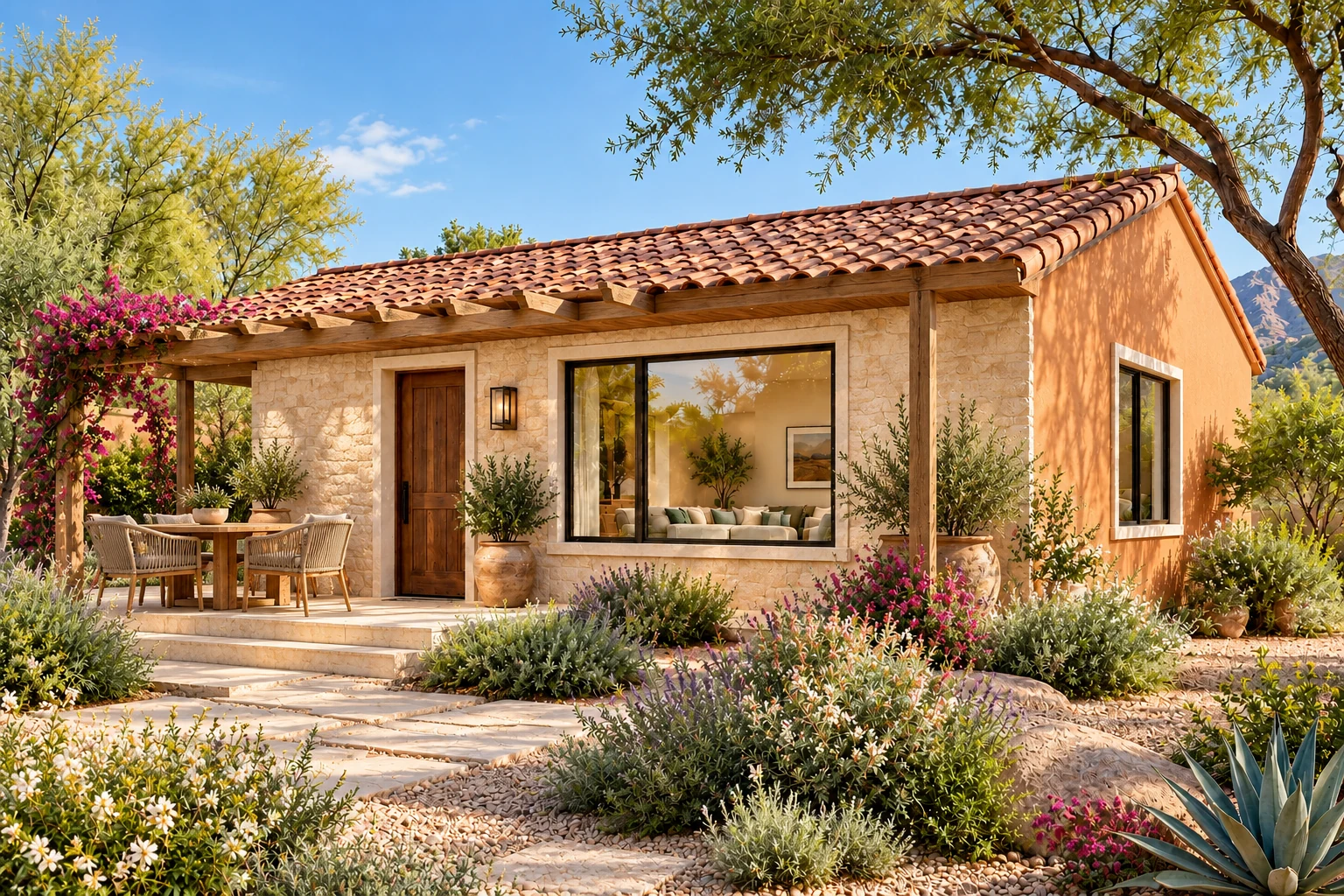 The Conservatory arrival exterior concept in apricot clay, cream & cedar with architectural stone fields and an inviting open-air garden terrace