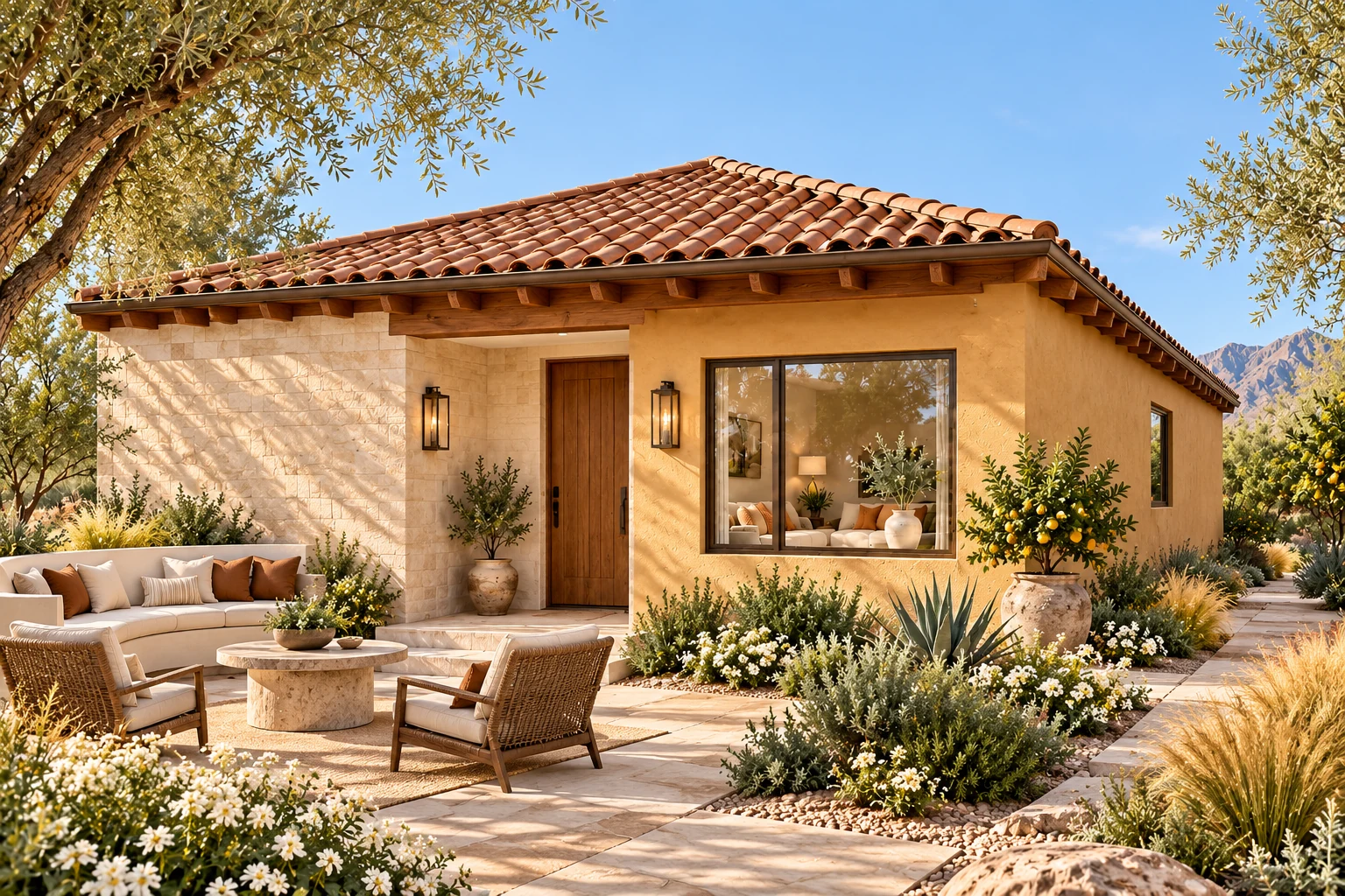 The Daylight arrival exterior concept with saffron, sandstone & bronze architecture and a refined landscaped outdoor room