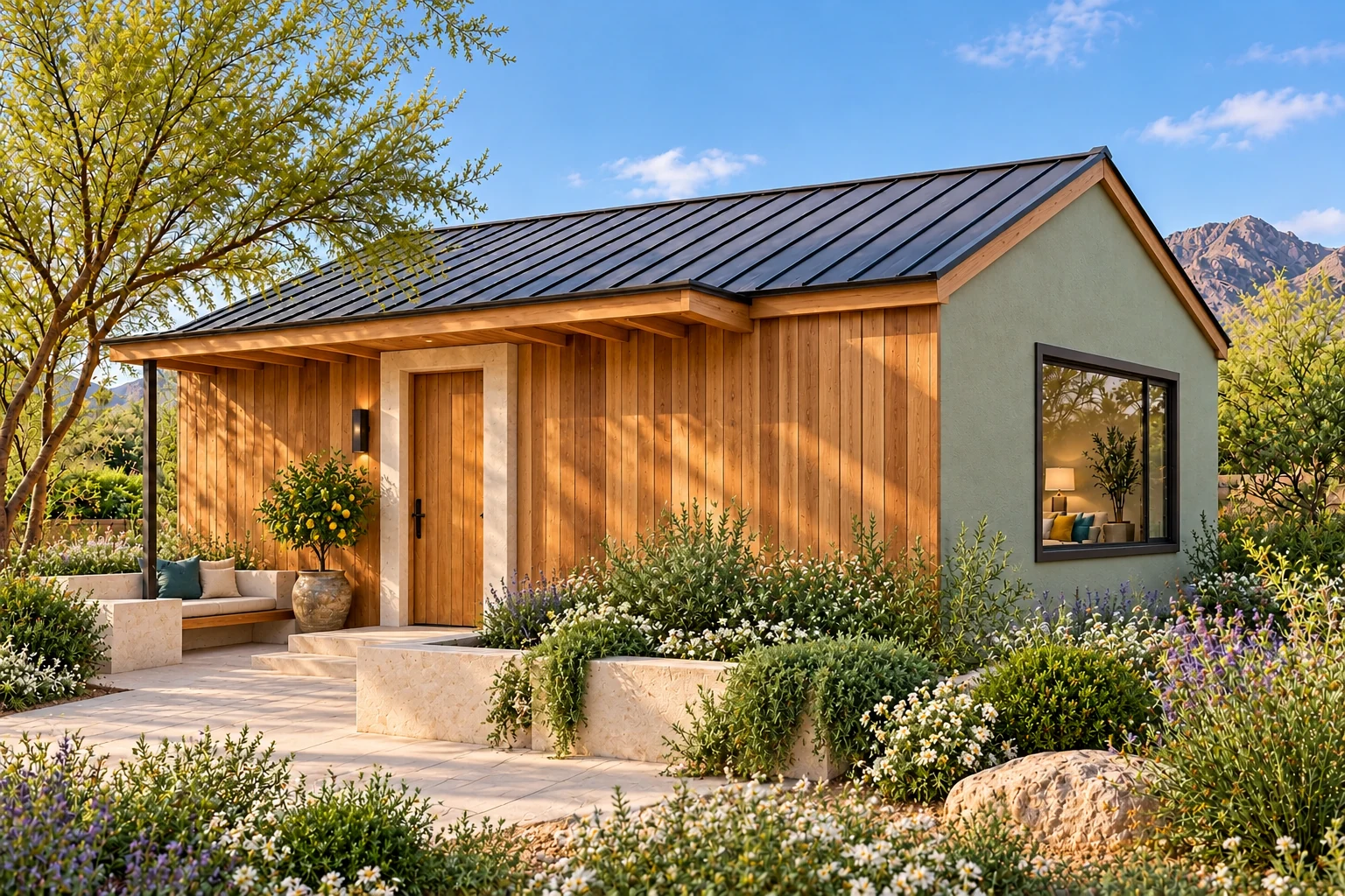 The Folio with a sage gable, warm cedar facade, refined metal roof and a timber-lined porch opening to a citrus courtyard.