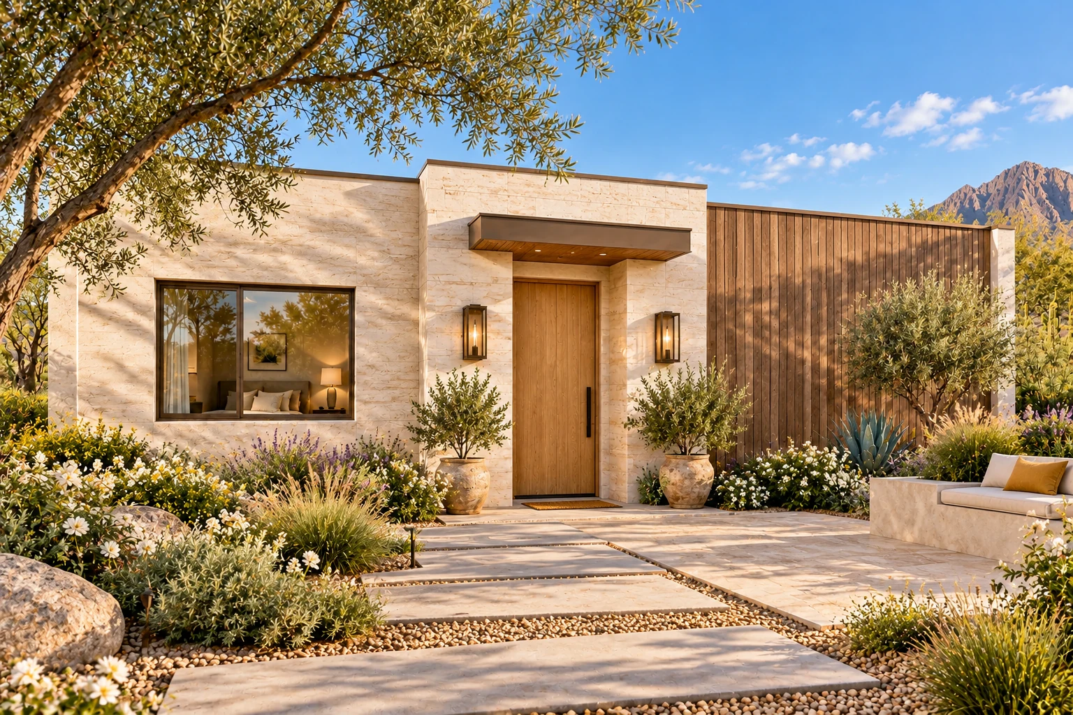 The Frame exterior concept with a pale limestone entry, smoked-oak wall panels and a planted courtyard bench