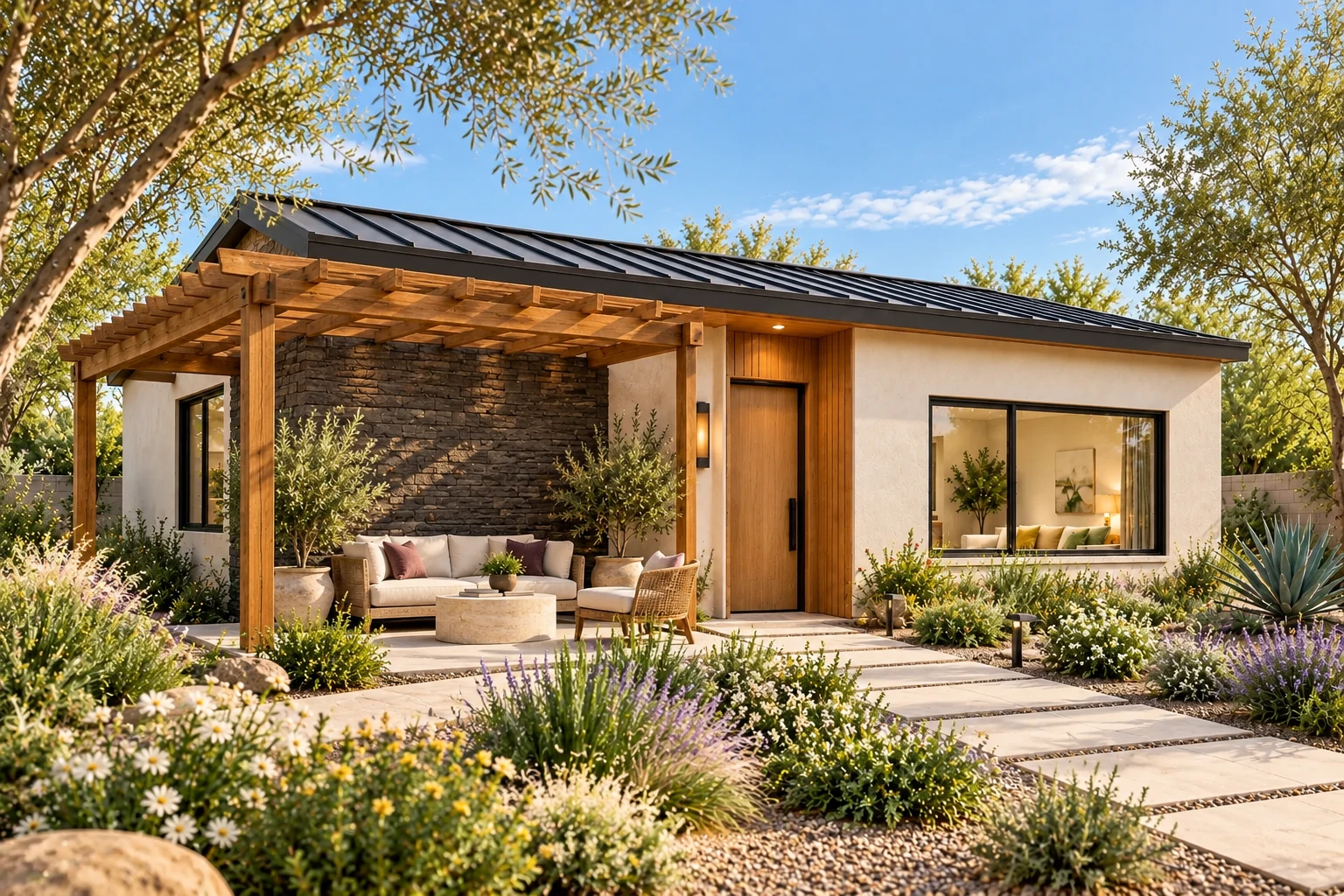 The Gathering with sand plaster, charcoal stone and an oak pergola over a shaded outdoor seating area.