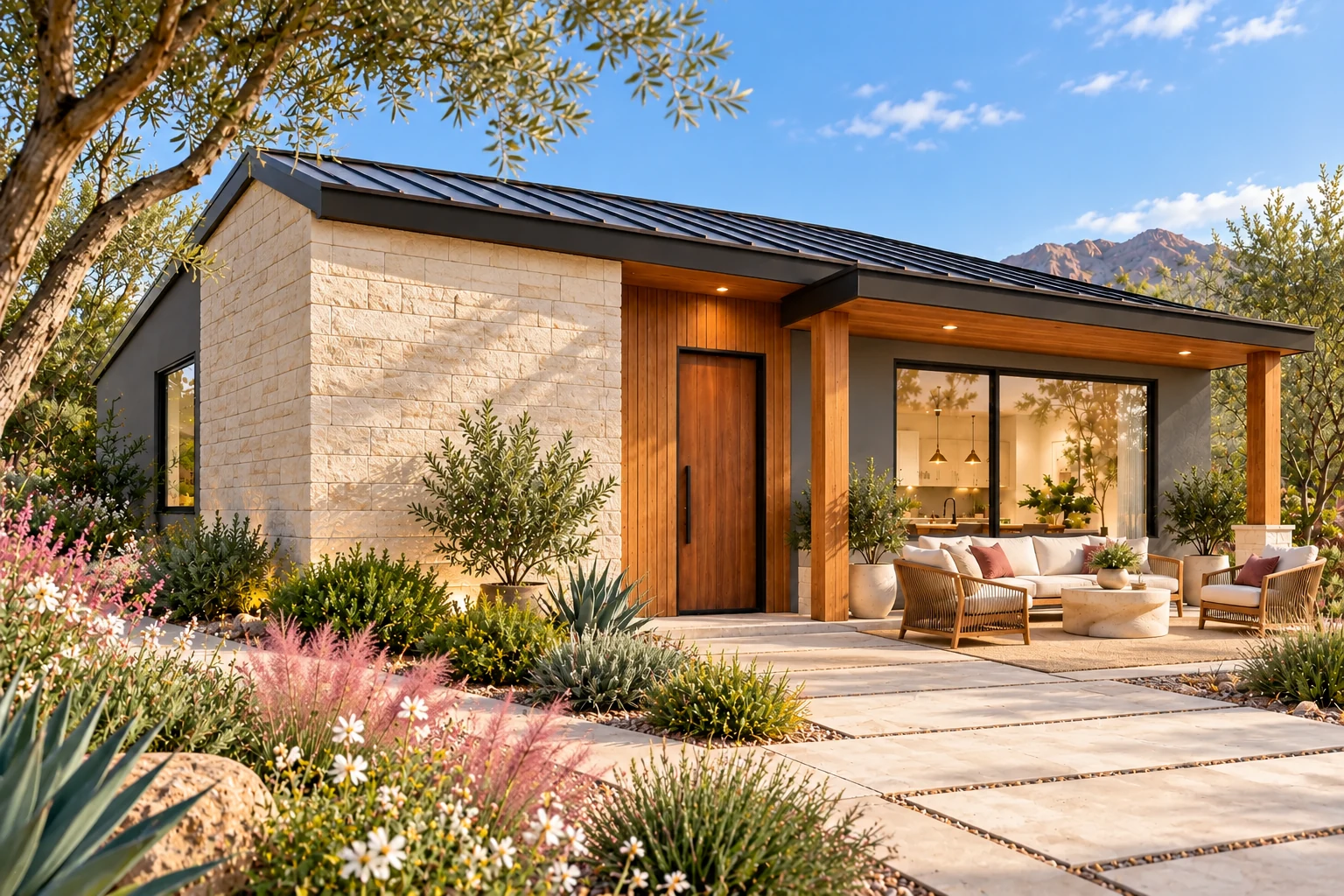 The Havenwood concept with graphite plaster, a limestone entrance wall, cedar roof details and an upholstered covered garden lounge