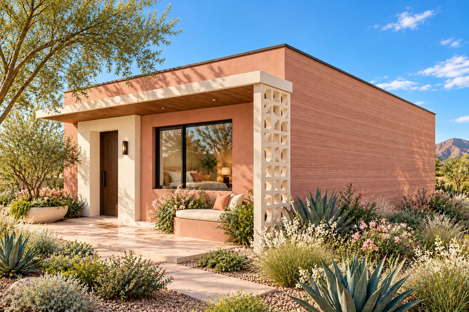 The Hearthlight in rose mineral plaster with a walnut-lined shade canopy, ivory breeze-block screen and a softly patterned courtyard terrace.