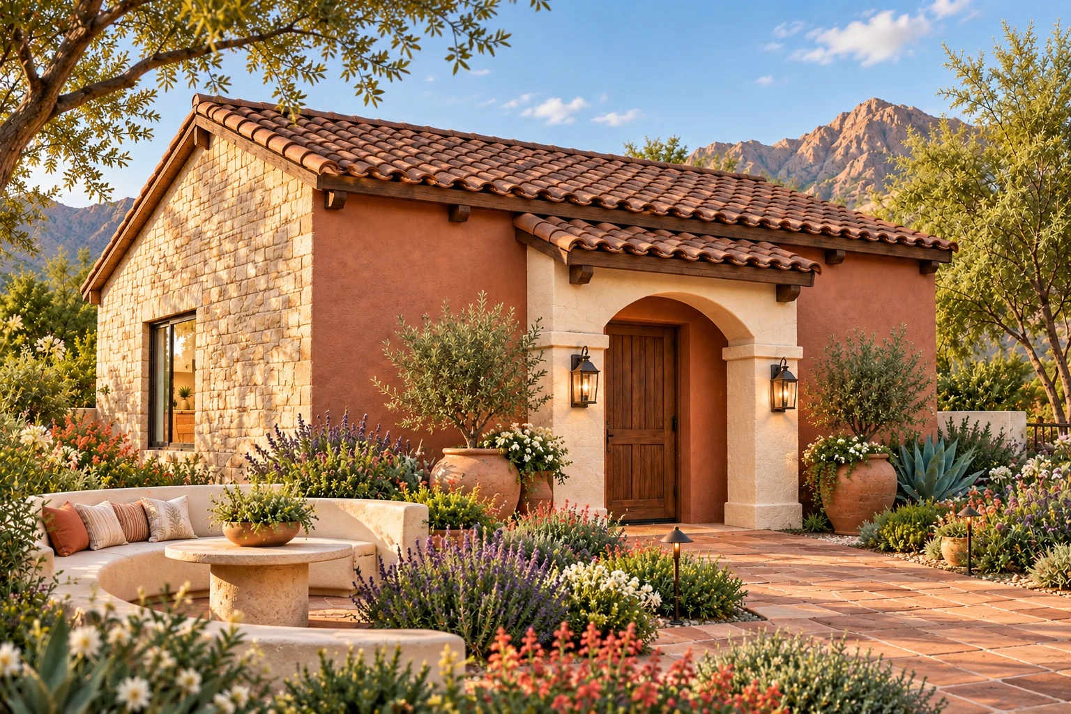 The Hearthstone with canyon-rose plaster, pale limestone masonry, smoked clay roof tiles and a refined carved-stone arched entry portico.