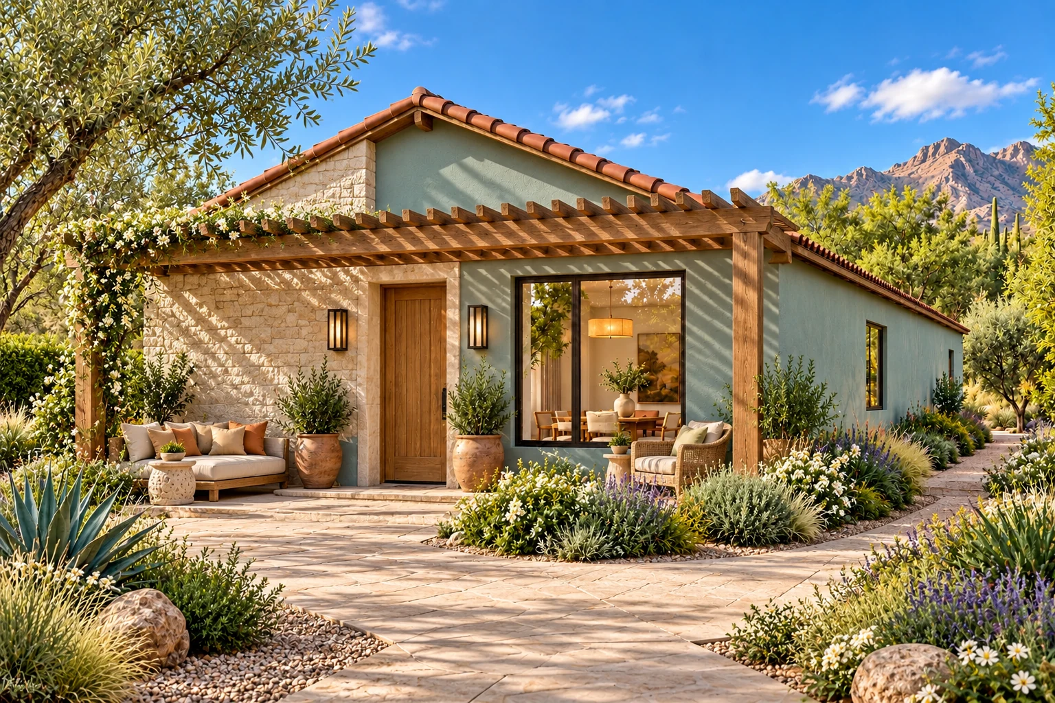 The Hideaway concept with sea-glass plaster, a limestone entrance wall and an oak pergola over its garden terrace