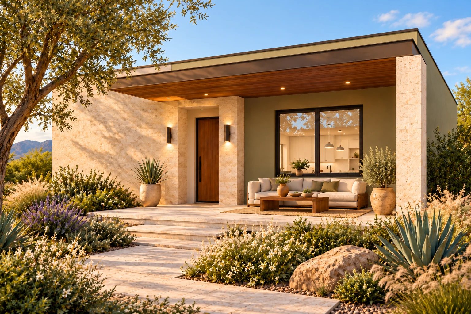 The Homestead arrival exterior concept with olive, limestone & walnut finishes and an inviting landscaped outdoor terrace