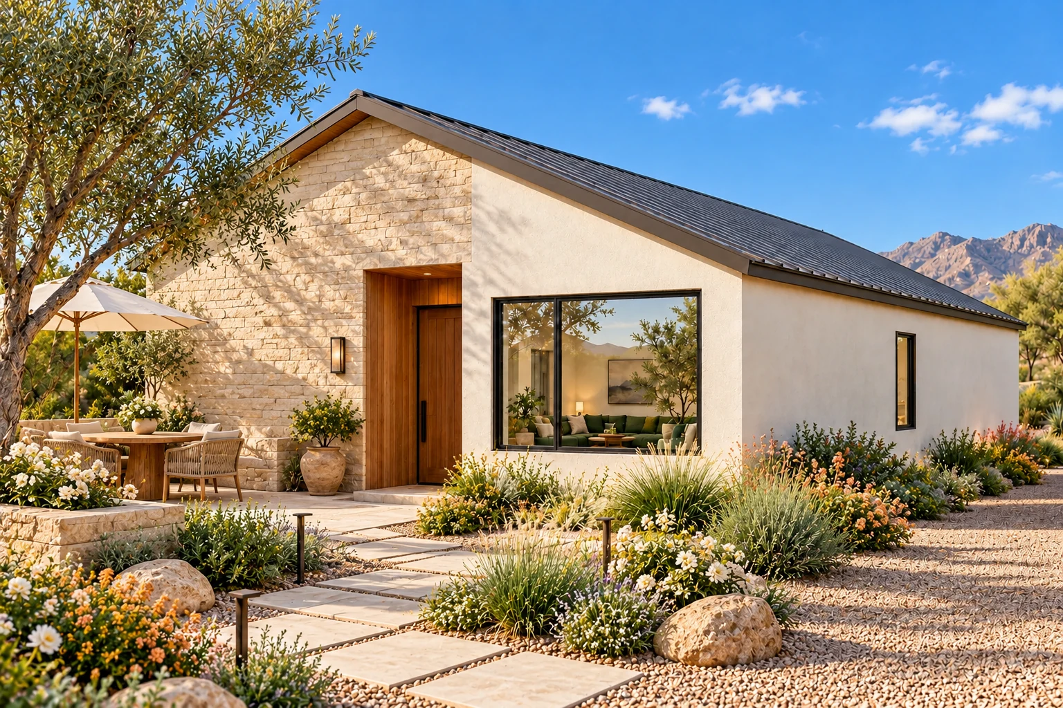 The Keepsake casita concept with a sandstone gable, aged-oak entry and an open-air dining terrace under a canvas parasol