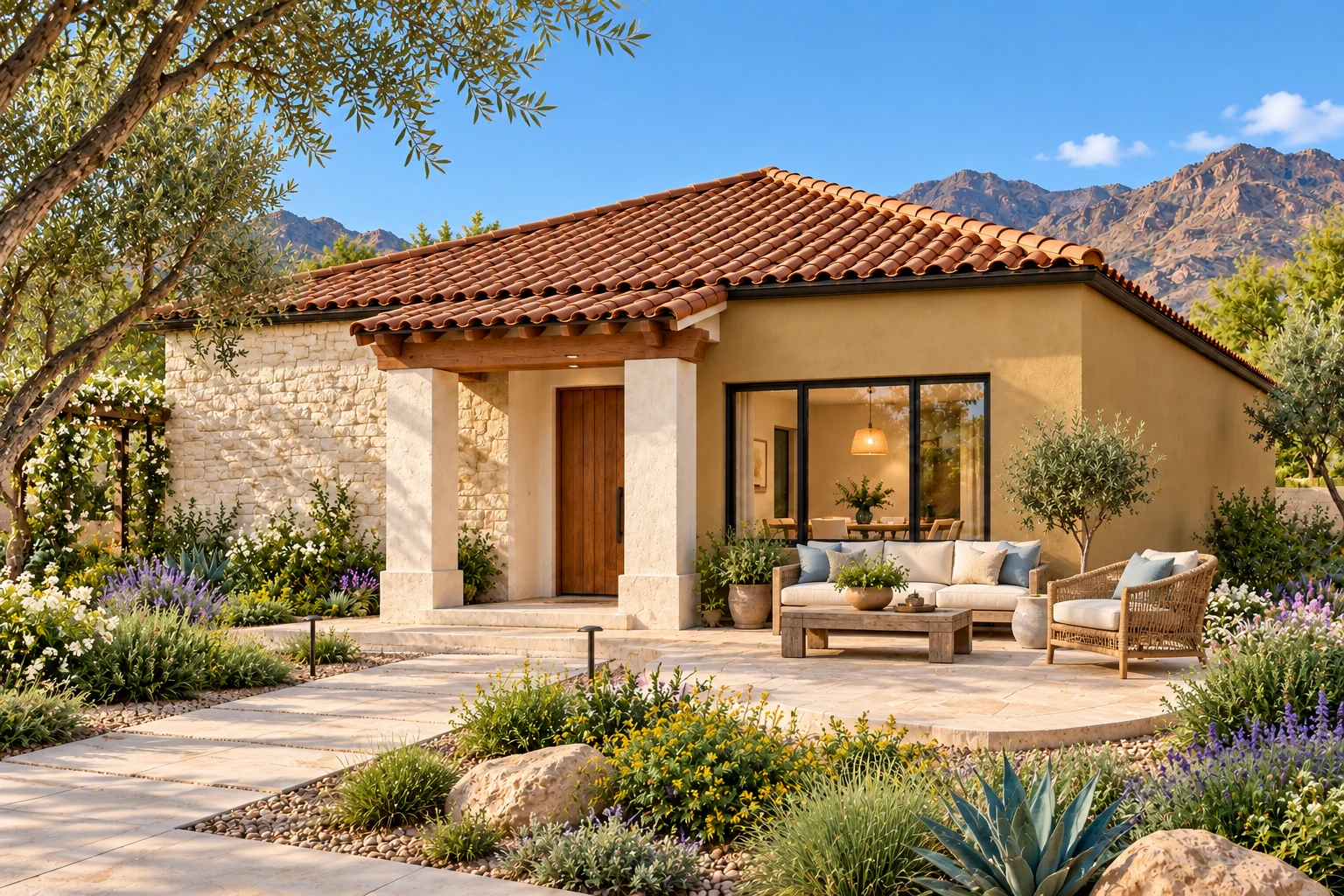 The Kinship casita concept with ochre plaster, a cream stone wall, chestnut roof details and a Mediterranean garden portico