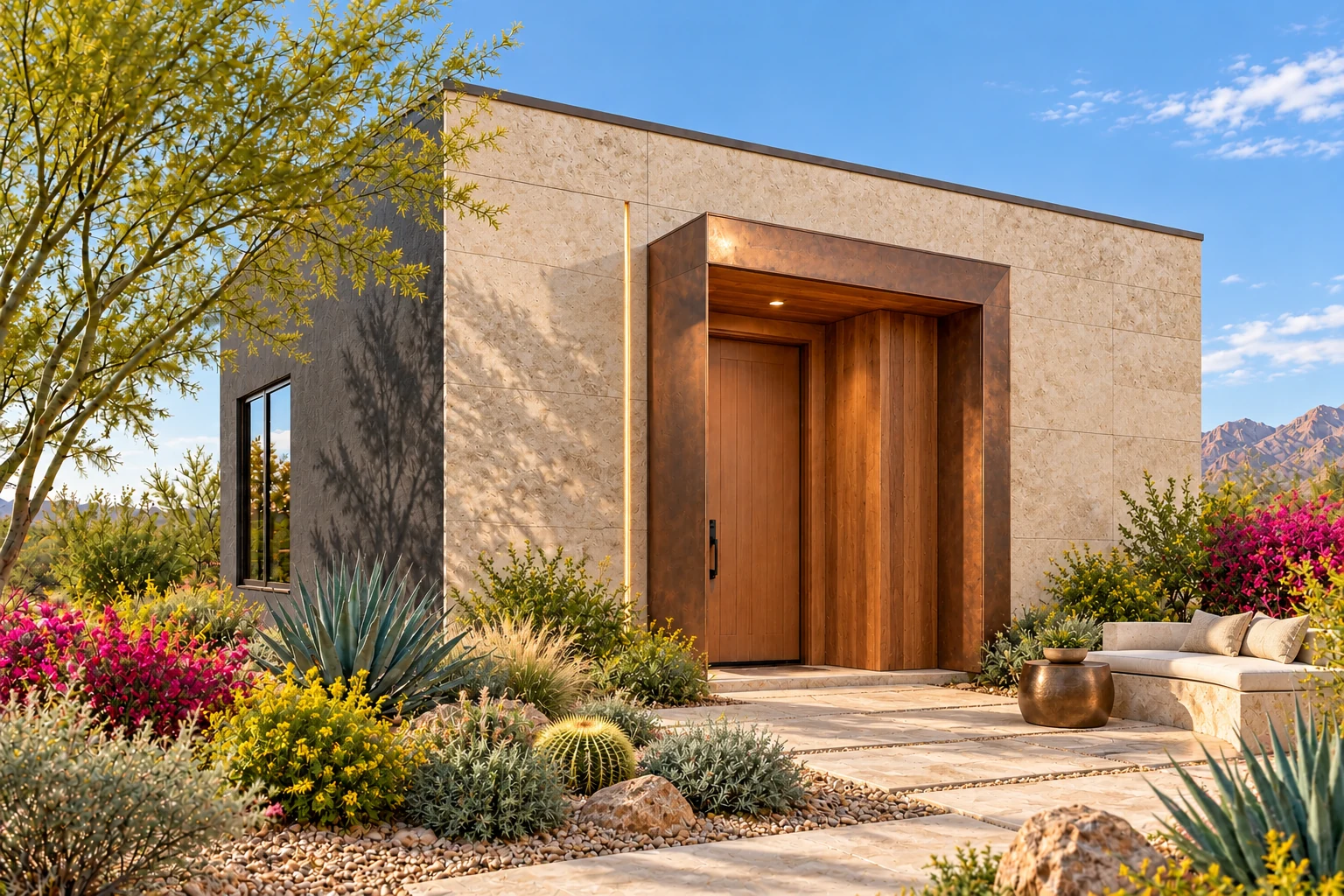 The Lantern with pale stone, graphite plaster and a copper-toned cedar-lined entry portal beside a sculpted courtyard bench.