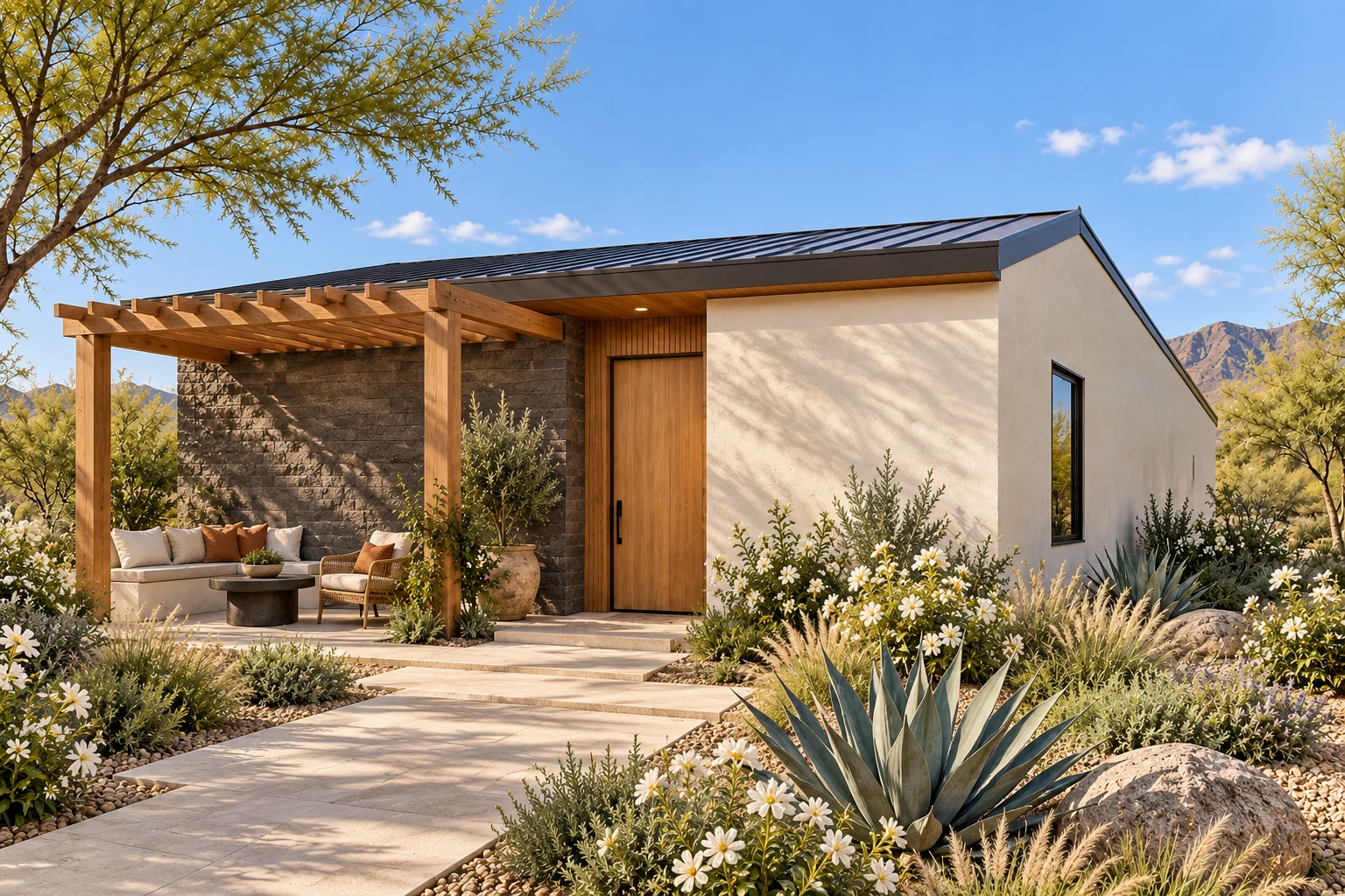 The Meander arrival exterior concept with chalk, cedar & basalt finishes and an inviting landscaped outdoor terrace