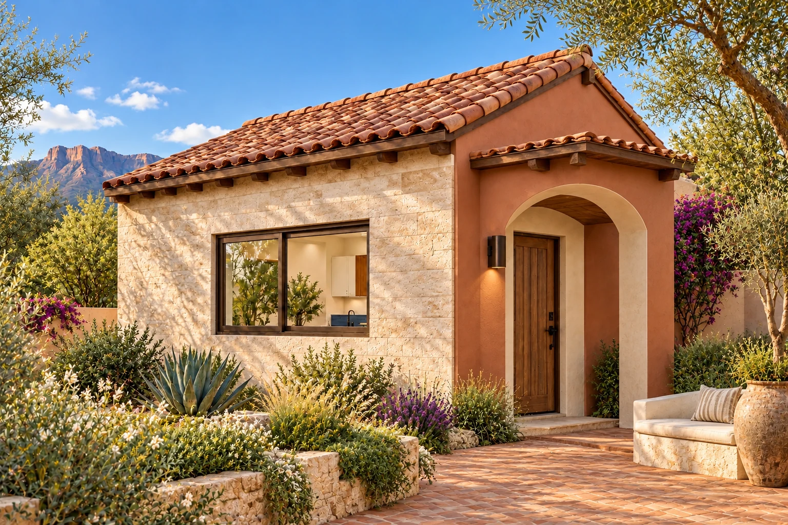 The Morrow casita with a pale stone facade, clay tile gable roof and sculpted terracotta entry portico beside an olive courtyard.